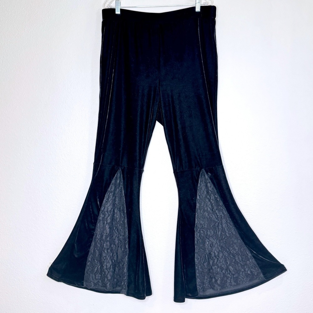 KILLSTAR Balck Velvet Velour Pull-on Flare Leg Pants Lace Inset Goth Whimsigoth
